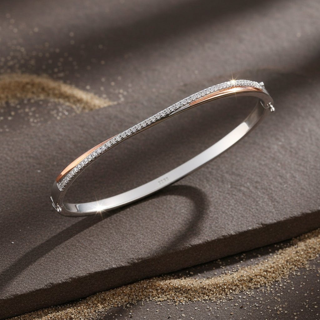 925 Silver Rose Gold Accent CZ Slim Bangle Bracelet - Zirak Silver