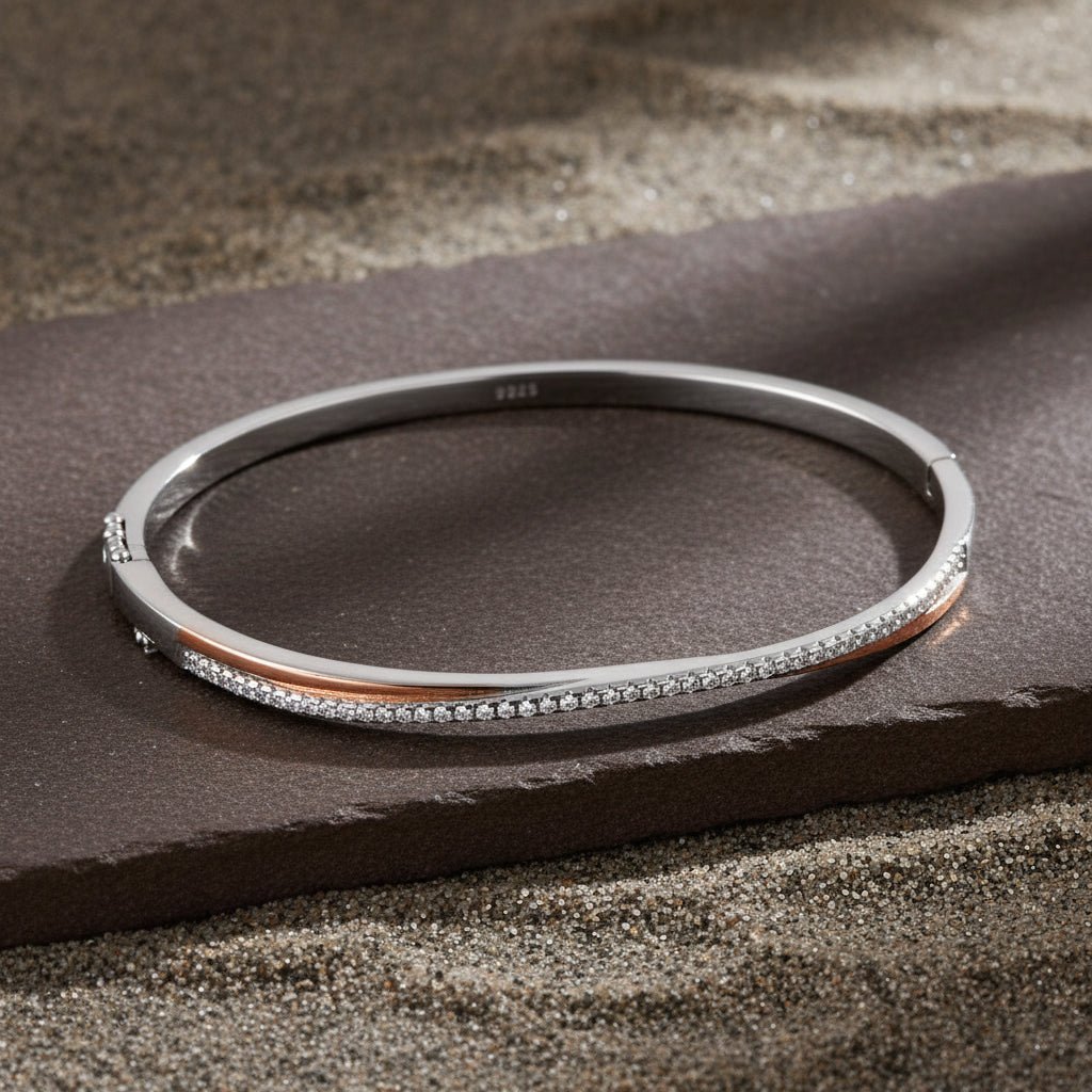 925 Silver Rose Gold Accent CZ Slim Bangle Bracelet - Zirak Silver