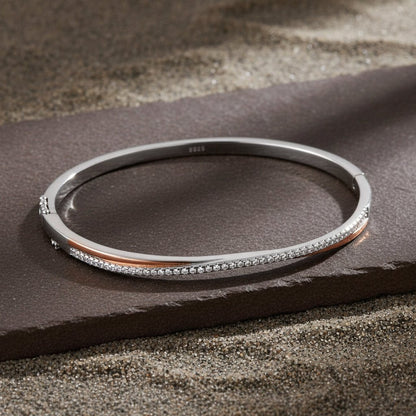 925 Silver Rose Gold Accent CZ Slim Bangle Bracelet - Zirak Silver