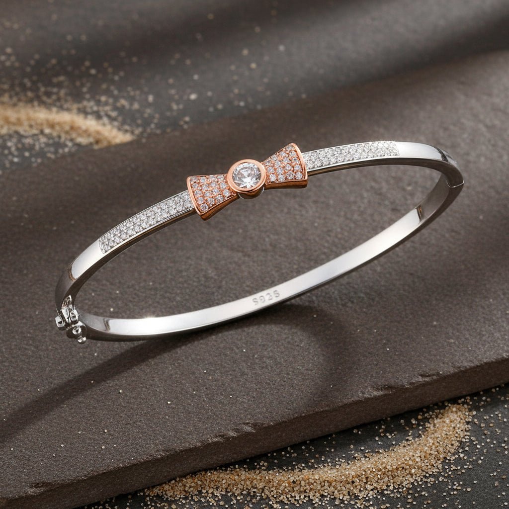 925 Silver Rose - Gold Bow Bangle with CZ Stones - Zirak Silver