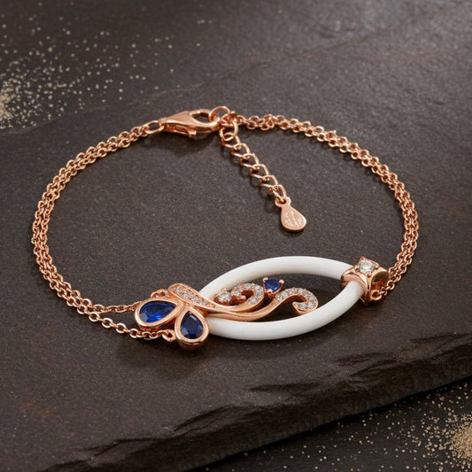 925 Silver Rose Gold Butterfly Bracelet with Blue Stones & Ceramic Link - Zirak Silver