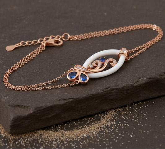 925 Silver Rose Gold Butterfly Bracelet with Blue Stones & Ceramic Link - Zirak Silver