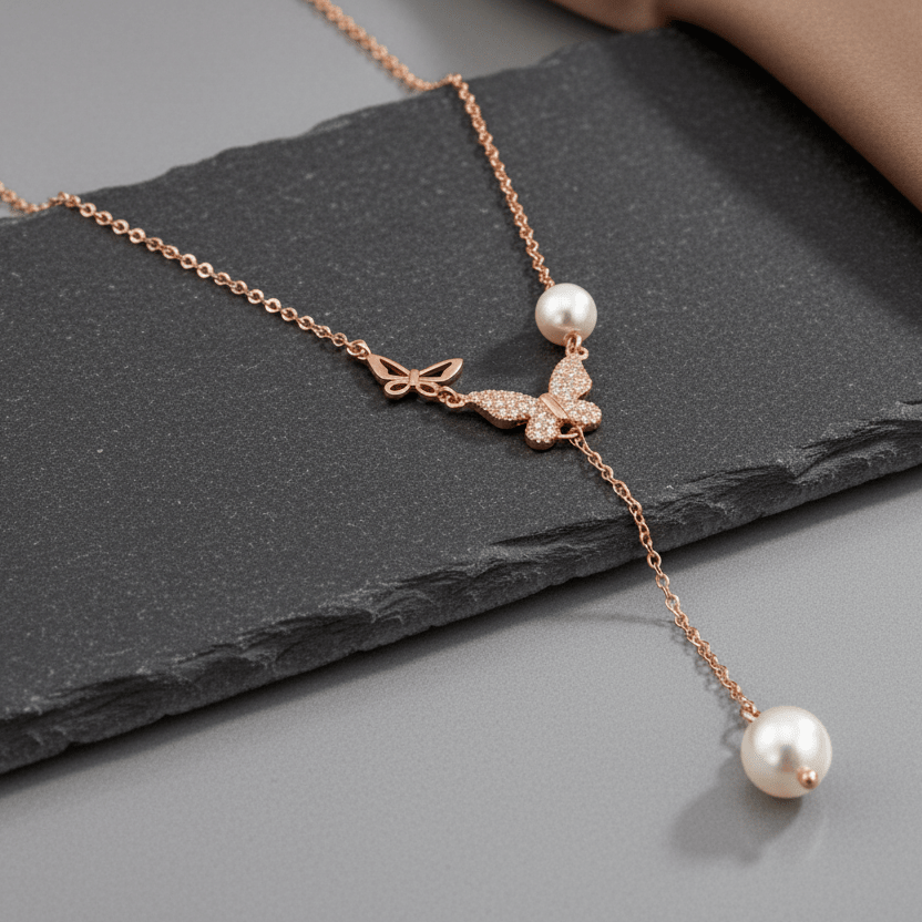 925 Silver Rose Gold Butterfly Pearl Drop Necklace with CZ Accents - Zirak Silver