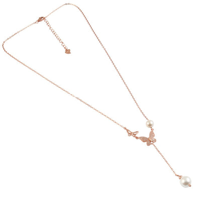 925 Silver Rose Gold Butterfly Pearl Drop Necklace with CZ Accents - Zirak Silver