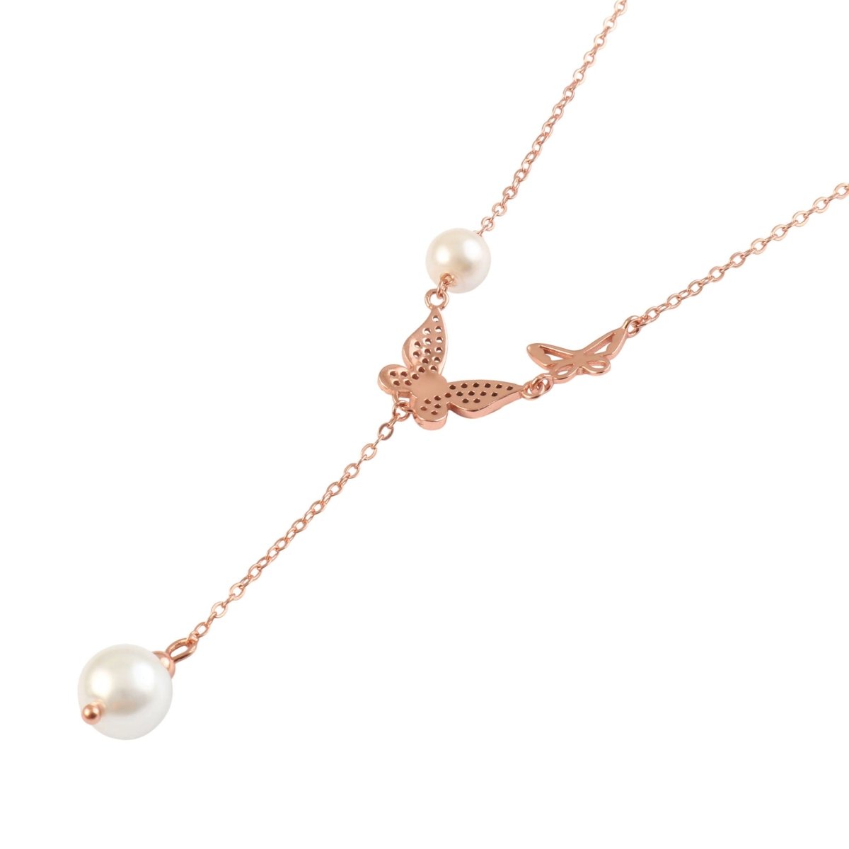 925 Silver Rose Gold Butterfly Pearl Drop Necklace with CZ Accents - Zirak Silver