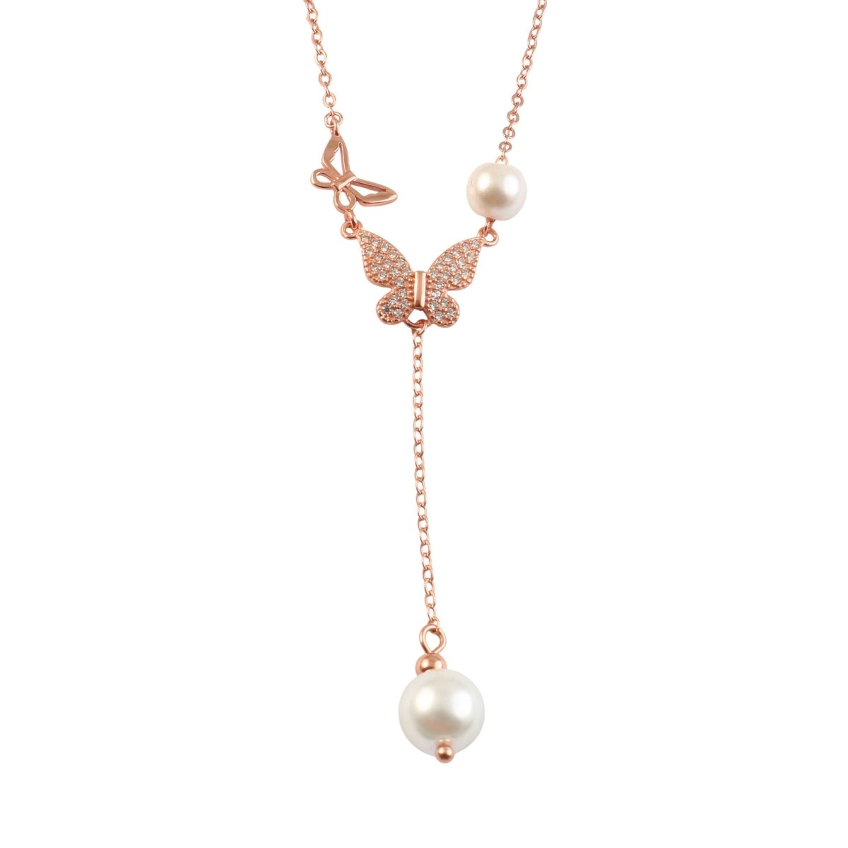 925 Silver Rose Gold Butterfly Pearl Drop Necklace with CZ Accents - Zirak Silver