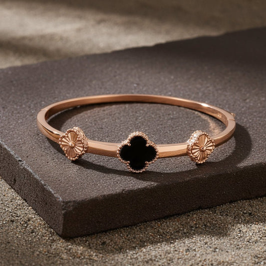 925 Silver Rose Gold Clover & Floral Motif Bangle - Zirak Silver