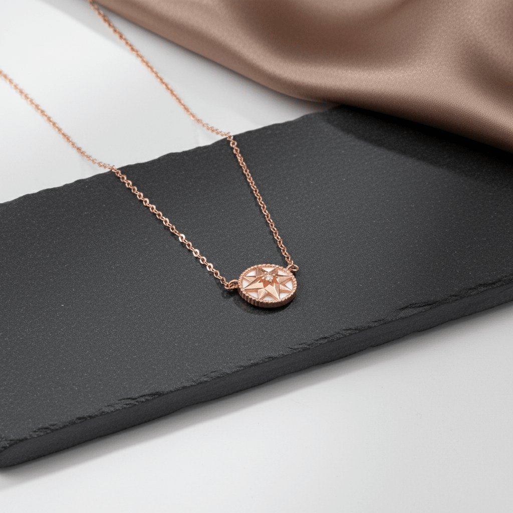925 Silver Rose Gold Compass Star Pendant Necklace - Zirak Silver
