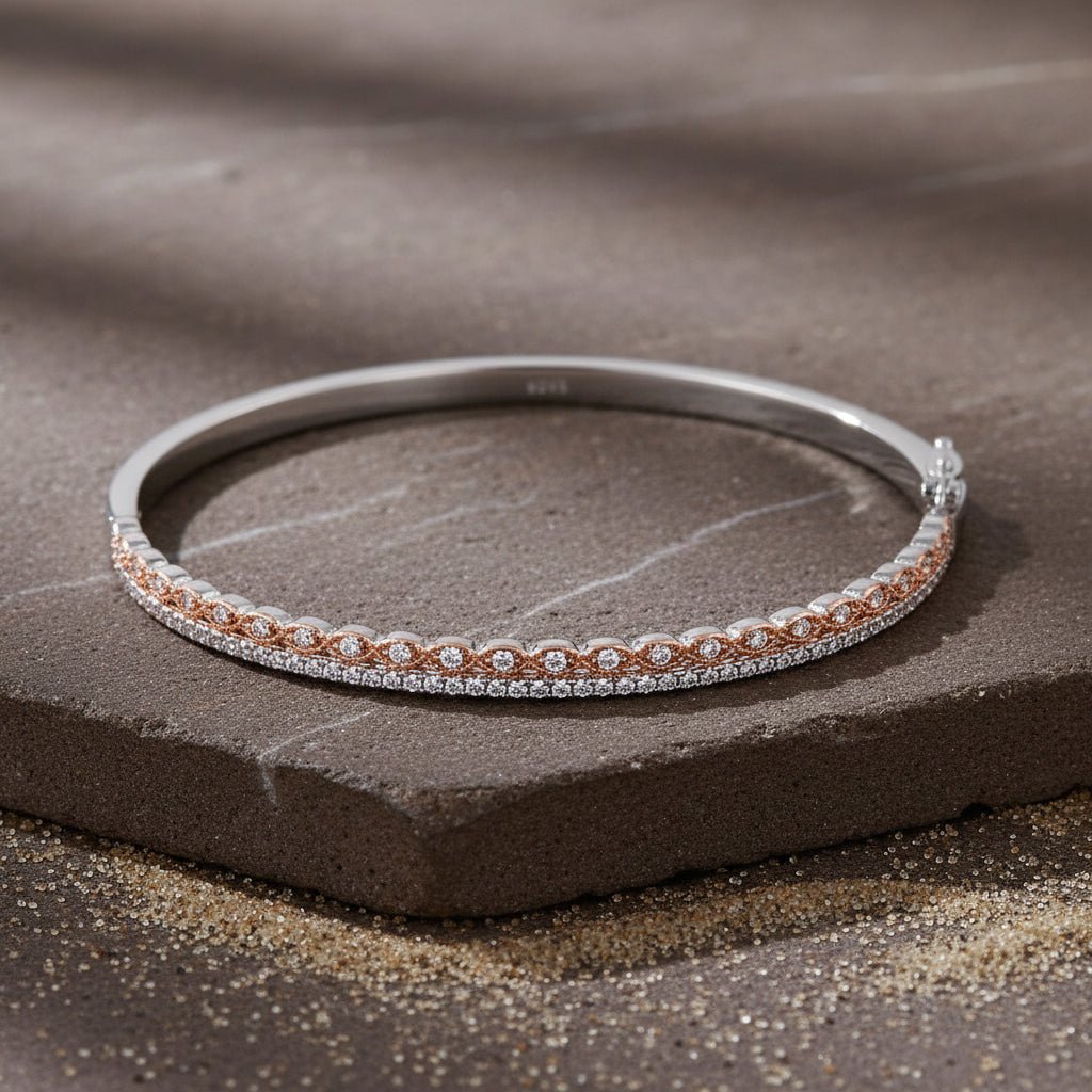 925 Silver Rose Gold CZ Slim Bangle Bracelet - Zirak Silver
