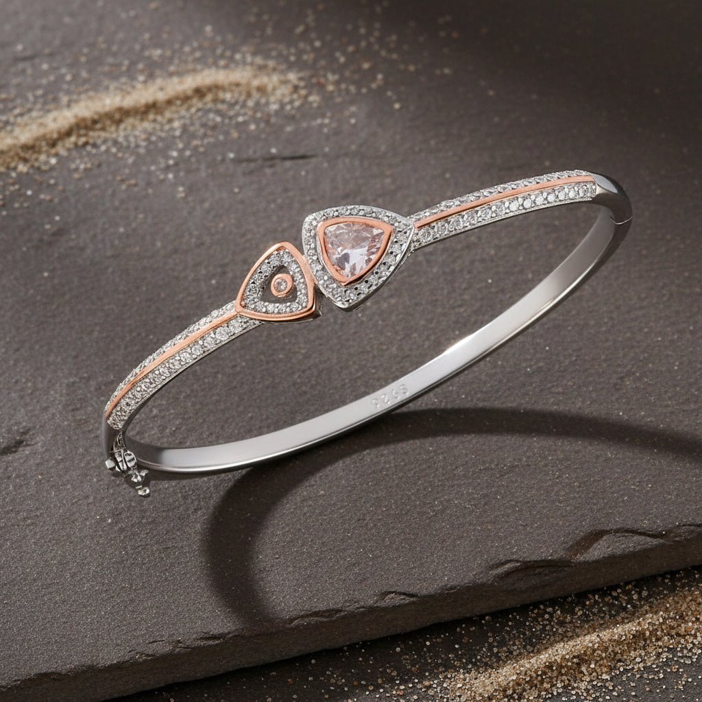 925 Silver Rose - Gold Dual Triangle CZ Openable Bracelet - Zirak Silver