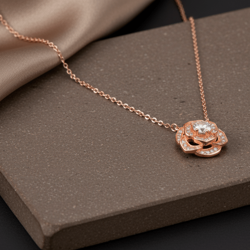 925 Silver Rose Gold Floral CZ Pendant Necklace - Zirak Silver