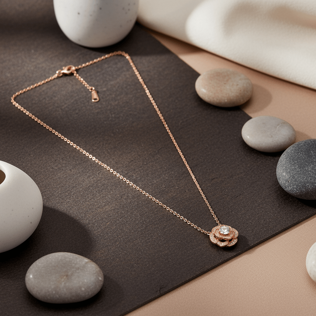925 Silver Rose Gold Floral CZ Pendant Necklace - Zirak Silver