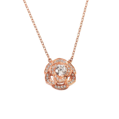 925 Silver Rose Gold Floral CZ Pendant Necklace - Zirak Silver