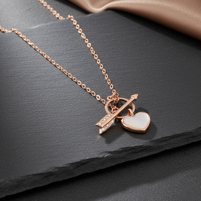 925 Silver Rose Gold Heart & Arrow Charm Necklace with Mother of Pearl - Zirak Silver