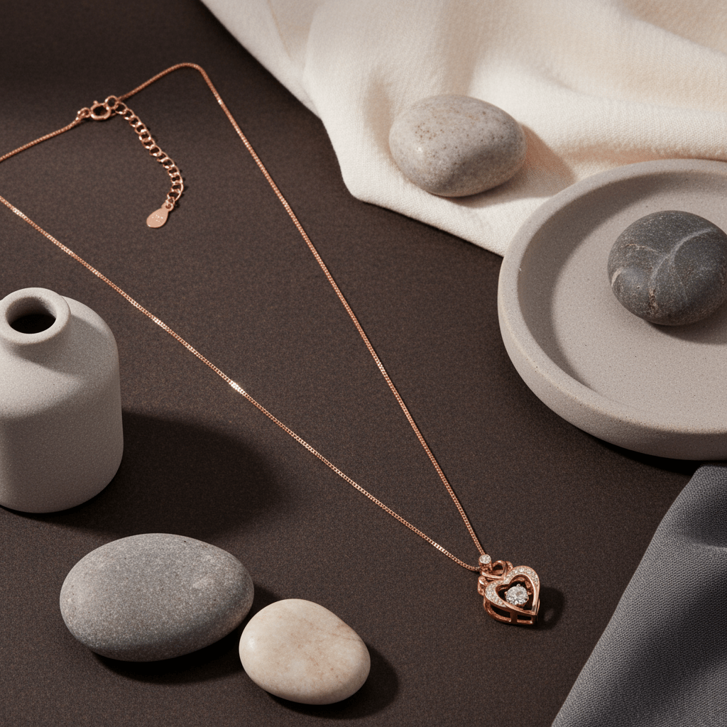 925 Silver Rose Gold Heart Pendant Necklace with CZ Stone - Zirak Silver