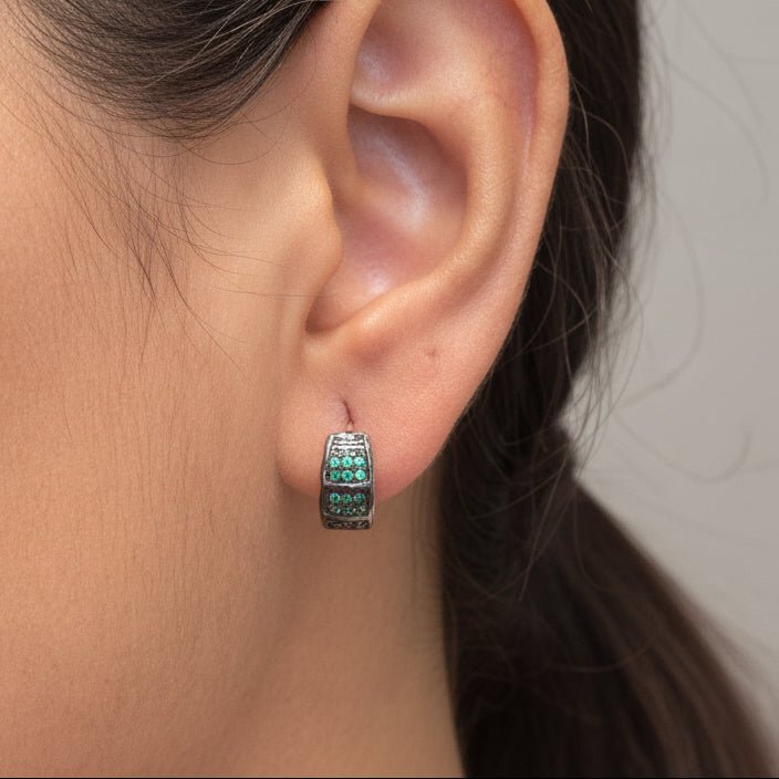 925 Silver Rose Gold Huggie Earrings with Green Stones - Zirak Silver