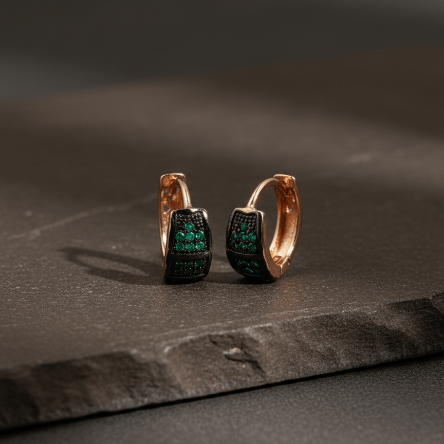 925 Silver Rose Gold Huggie Earrings with Green Stones - Zirak Silver