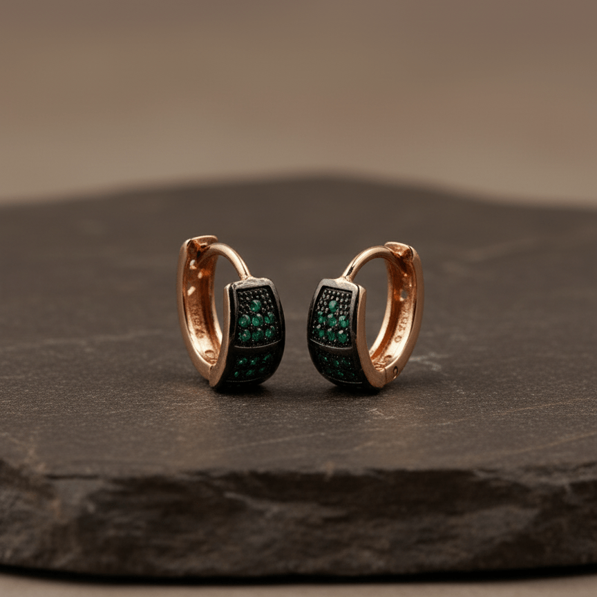 925 Silver Rose Gold Huggie Earrings with Green Stones - Zirak Silver
