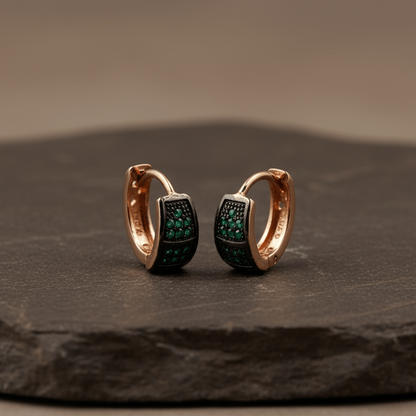 925 Silver Rose Gold Huggie Earrings with Green Stones - Zirak Silver