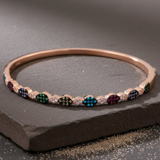 925 Silver Rose Gold Multicolor CZ Slim Bangle Bracelet - Zirak Silver