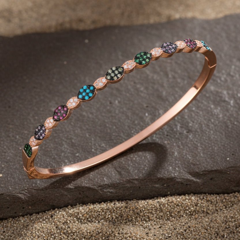 925 Silver Rose Gold Multicolor CZ Slim Bangle Bracelet - Zirak Silver