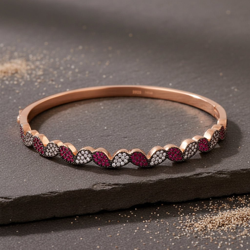 925 Silver Rose Gold Scalloped Ruby & CZ Bangle Bracelet - Zirak Silver