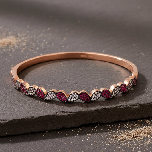 925 Silver Rose Gold Scalloped Ruby & CZ Bangle Bracelet - Zirak Silver