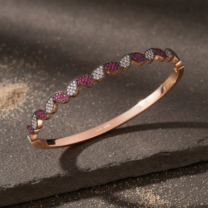 925 Silver Rose Gold Scalloped Ruby & CZ Bangle Bracelet - Zirak Silver