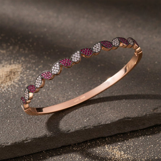 925 Silver Rose Gold Scalloped Ruby & CZ Bangle Bracelet - Zirak Silver
