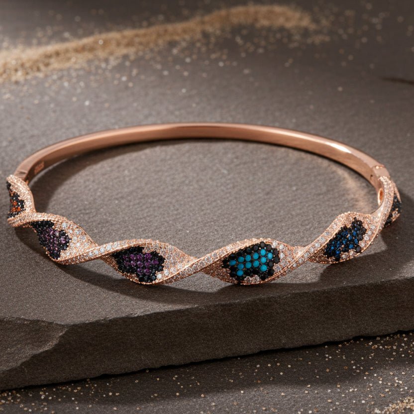 925 Silver Rose Gold Twisted CZ Bangle with Multicolor Stones - Zirak Silver