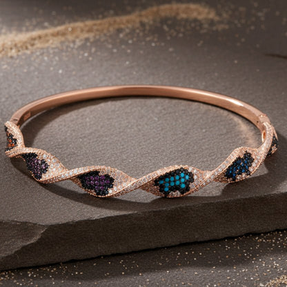 925 Silver Rose Gold Twisted CZ Bangle with Multicolor Stones - Zirak Silver
