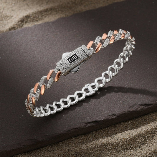 925 Silver Rose Gold Two - Tone Cuban Link Bracelet with CZ Accents - Zirak Silver
