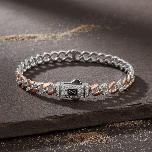 925 Silver Rose Gold Two - Tone Cuban Link Bracelet with CZ Accents - Zirak Silver