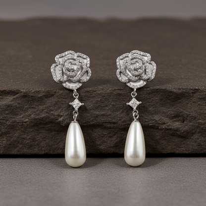 925 Silver Rose Pearl Drop Earrings - Zirak Silver