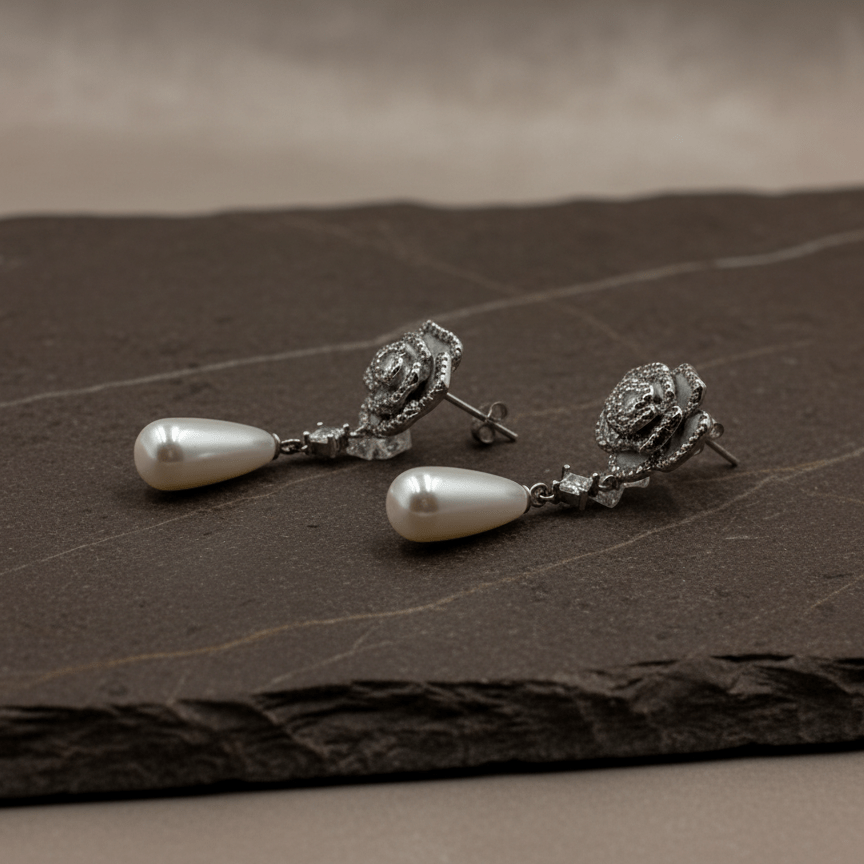 925 Silver Rose Pearl Drop Earrings - Zirak Silver