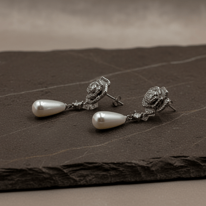 925 Silver Rose Pearl Drop Earrings - Zirak Silver