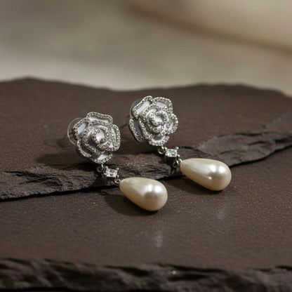 925 Silver Rose Pearl Drop Earrings - Zirak Silver