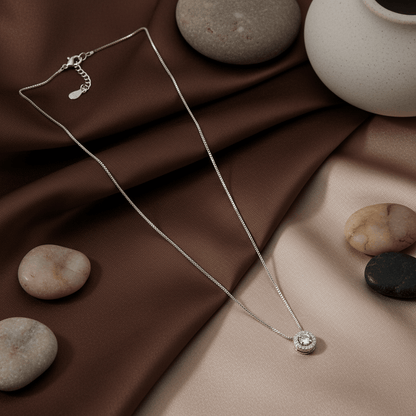 925 Silver Round Halo CZ Pendant Necklace - Zirak Silver