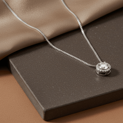 925 Silver Round Halo CZ Pendant Necklace - Zirak Silver