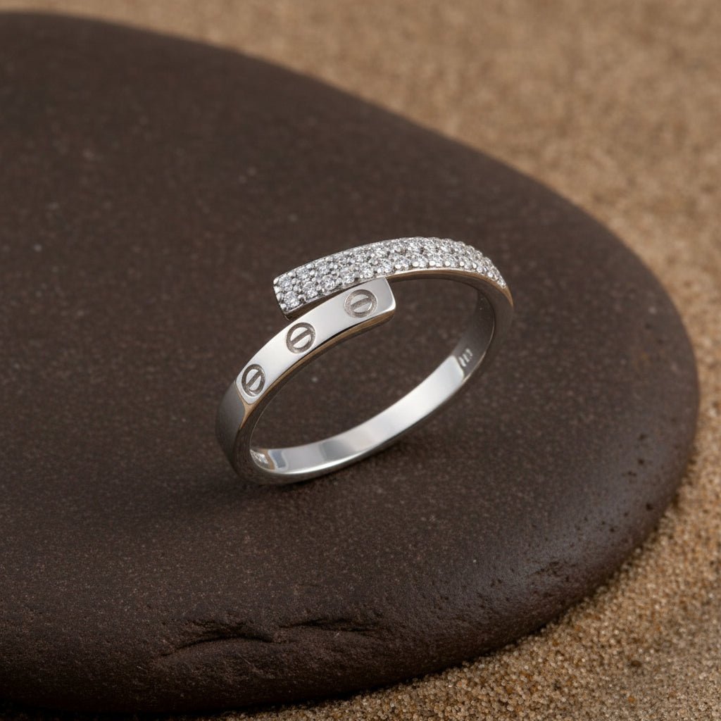 925 Silver Screw Motif CZ Ring | Adjustable Sterling Silver Open Band Ring for Women - Zirak Silver
