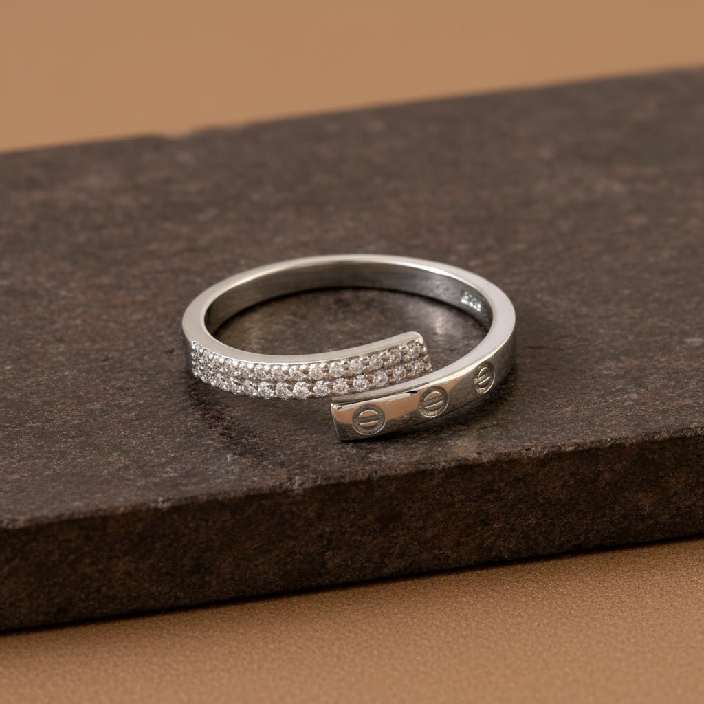 925 Silver Screw Motif CZ Ring | Adjustable Sterling Silver Open Band Ring for Women - Zirak Silver