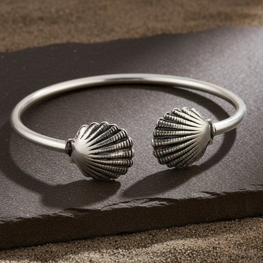 925 Silver Seashell Open Cuff Bracelet – Minimal Ocean Inspired Adjustable Bangle - Zirak Silver