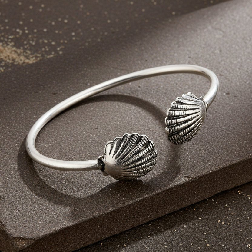 925 Silver Seashell Open Cuff Bracelet – Minimal Ocean Inspired Adjustable Bangle - Zirak Silver