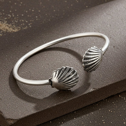 925 Silver Seashell Open Cuff Bracelet – Minimal Ocean Inspired Adjustable Bangle - Zirak Silver