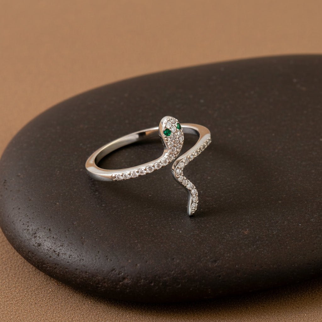 925 Silver Snake Ring with Green CZ Eyes | Adjustable Serpent Design Sterling Silver Ring for Women - Zirak Silver