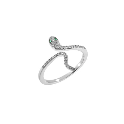 925 Silver Snake Ring with Green CZ Eyes | Adjustable Serpent Design Sterling Silver Ring for Women - Zirak Silver