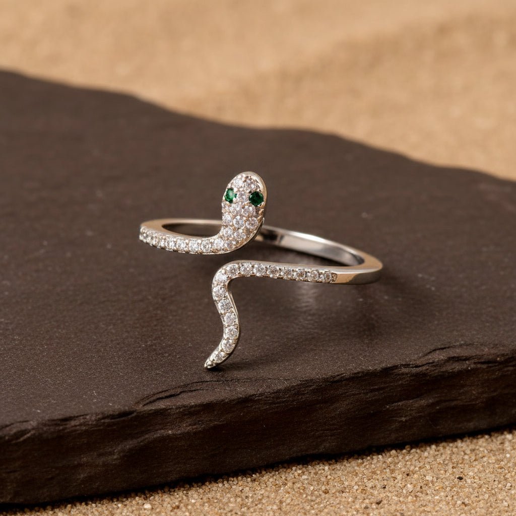 925 Silver Snake Ring with Green CZ Eyes | Adjustable Serpent Design Sterling Silver Ring for Women - Zirak Silver
