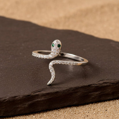 925 Silver Snake Ring with Green CZ Eyes | Adjustable Serpent Design Sterling Silver Ring for Women - Zirak Silver