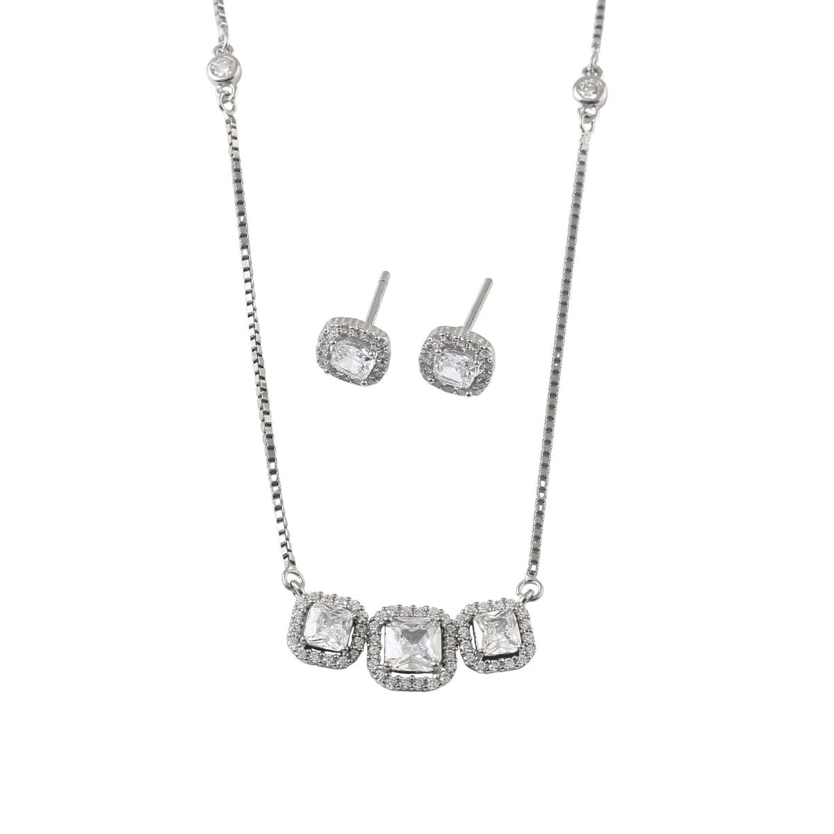 925 Silver Square Halo Necklace & Stud Earrings Set - Zirak Silver