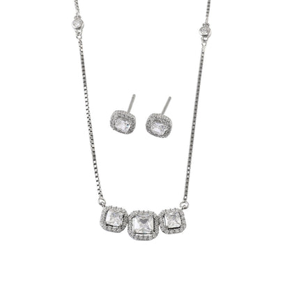 925 Silver Square Halo Necklace & Stud Earrings Set - Zirak Silver